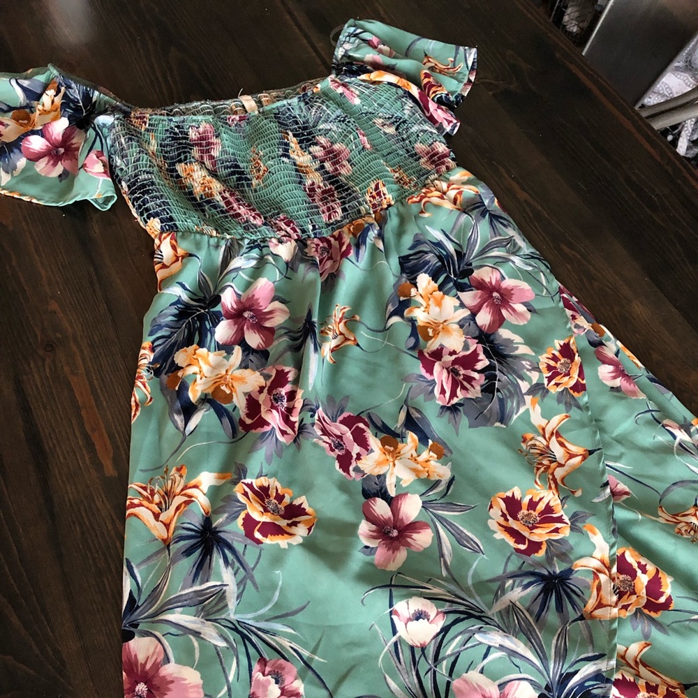 Pink Blush Sage Green Floral Off Shoulder Dress